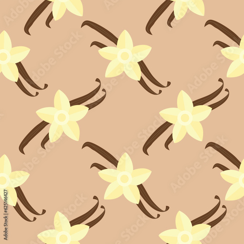 Seamless pattern with vanilla flowers and vanilla sticks. Vector illustration cartoon flat style