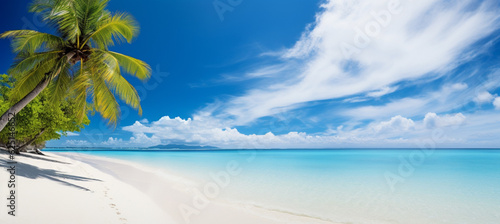 Beautiful beach with white sand, turquoise ocean, blue sky with clouds and palm tree over the water