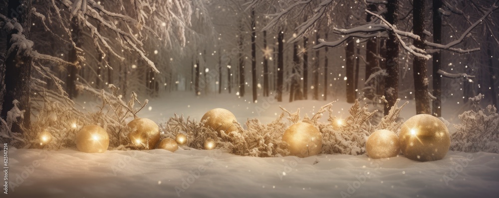 Beautiful banner christmas light snowy background. Christmas tree decorated with gold balls in forest in snowdrift with beautiful christmas lights. Ai generative.