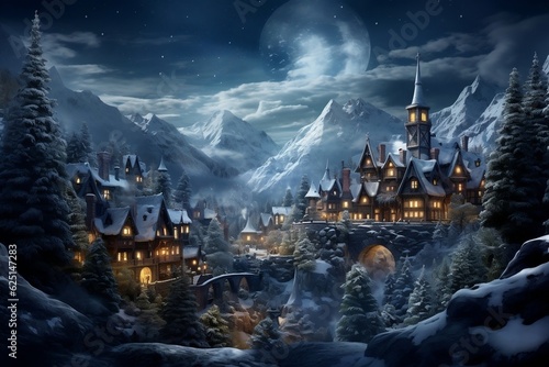 Enigmatic Santa's Village Concealed Amidst Majestic Mountains. Generative AI
