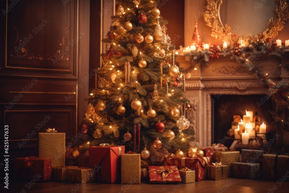 Beautiful christmas tree with golden balls and gifts on defocused warm evening background of cozy home interior with fireplace in golden red and brown tones. Ai generative.