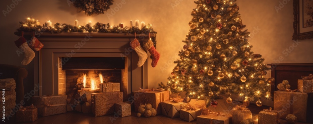 Banner beautiful christmas tree with golden balls and gifts on defocused warm evening background of cozy home interior with fireplace in golden red and brown tones. Ai generative.