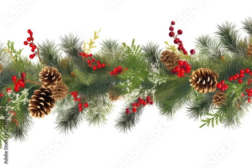 Fir green branches are decorated with gold stars, fir cones and red berries. Ai generative. © Nataly