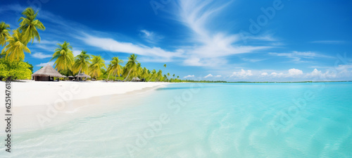 Beautiful beach with white sand  turquoise ocean  blue sky with clouds and palm tree over the water