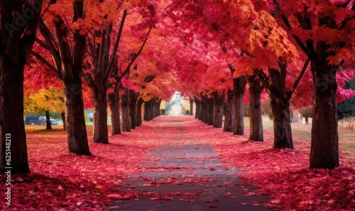 Autumn forest road with red leaves. Generative AI