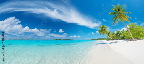 Fototapeta Naklejka Na Ścianę i Meble -  Beautiful beach with white sand, turquoise ocean, blue sky with clouds and palm tree over the water