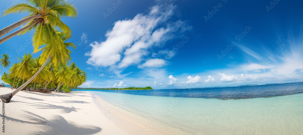 Fototapeta premium Beautiful beach with white sand, turquoise ocean, blue sky with clouds and palm tree over the water