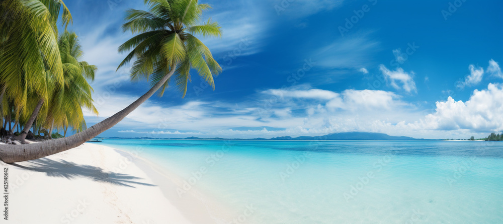 Obraz premium Beautiful beach with white sand, turquoise ocean, blue sky with clouds and palm tree over the water