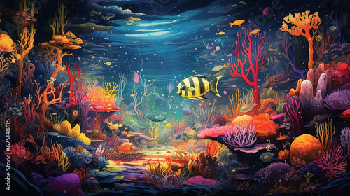 Tropical scene of the underwater world. Illustration with underwater scene of fish and corals