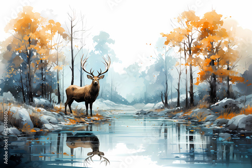 Abstract painting of a deer standing next to a lake and staring towards the painting. Generative AI