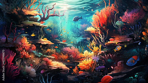 Tropical scene of the underwater world. Illustration with underwater scene of fish and corals