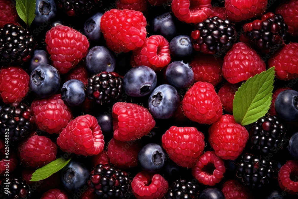 Different berry fruits background. Tasty summer mix. Generative AI Different berry fruits background. Tasty summer mix. Generative AI