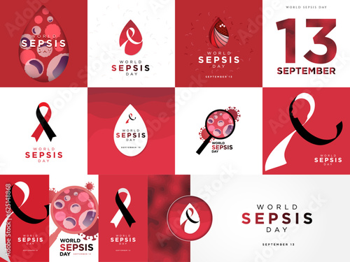World Sepsis Day Mega Set with 8 greeting cards, 3 portrait story templates, 1 banner. 12 Sepsis day templates. Celebrated September 13. Awareness ribbon, blood drop, virus. Editable Vector. EPS 10. photo