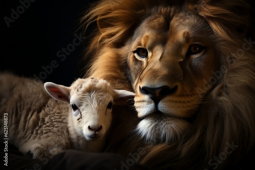 The Lion and the Lamb Together on Black Background. Generative AI
