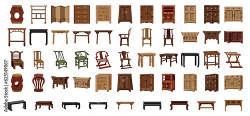 A set of flat Chinese-style furniture icons.