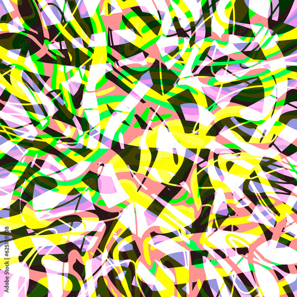 Abstract geometric bright multicolor layered pattern with wavy flowing ribbons