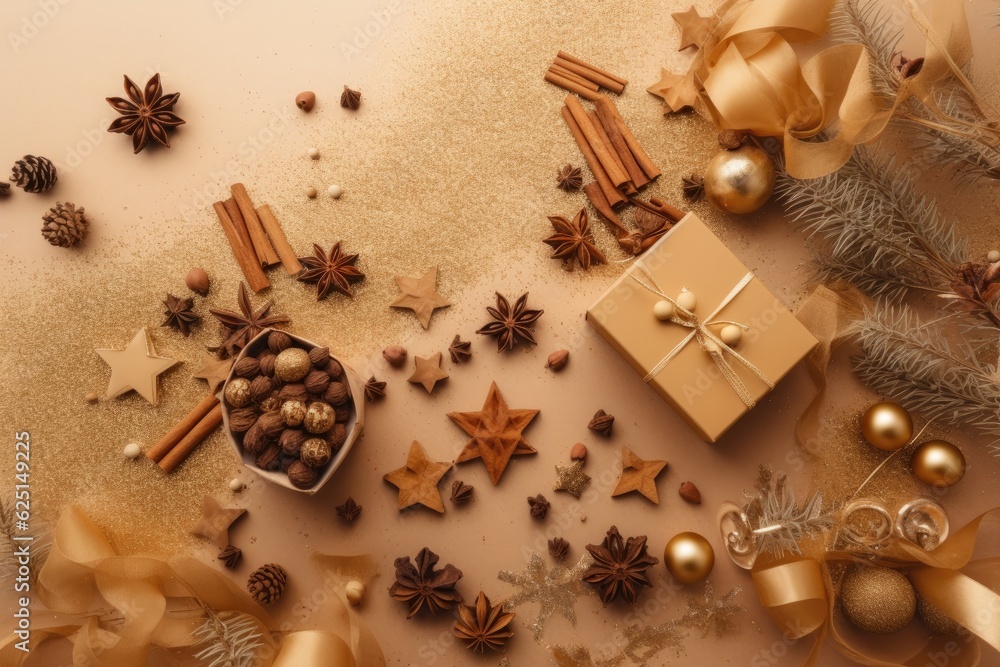 Top view christmas decoration composition on light gold background. Golden gift box, fir branches, cones, stars, Christmas cookies, cinnamon. Ai generative. Top view christmas decoration composition on light gold background. Golden gift box, fir branches, cones, stars, Christmas cookies, cinnamon. Ai generative.