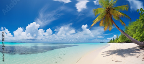 Beautiful beach with white sand, turquoise ocean, blue sky with clouds and palm tree over the water © MUS_GRAPHIC