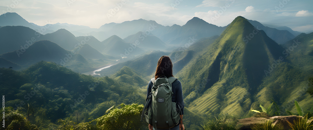 A woman hiking on a mountain trail with her backpack, looking down the tropical valley, scenic panoramic jungle landscape. Digital AI Art Adventure