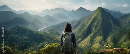 A woman hiking on a mountain trail with her backpack, looking down the tropical valley, scenic panoramic jungle landscape. Digital AI Art Adventure