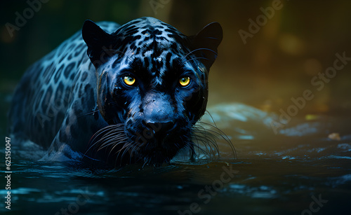 Panther on dark background. In Water. Digital art AI