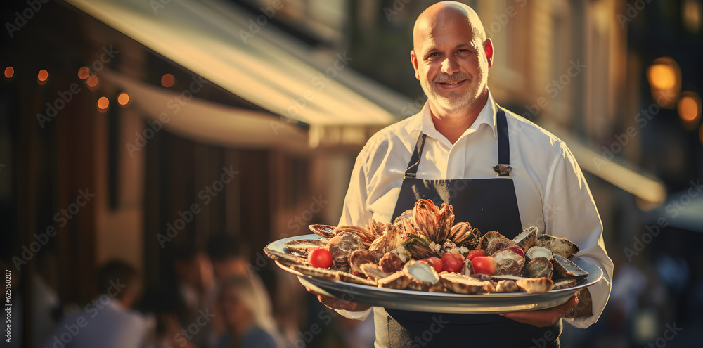 Chef with a exquisite gourmet plate of fresh seafood. Generative ART AI