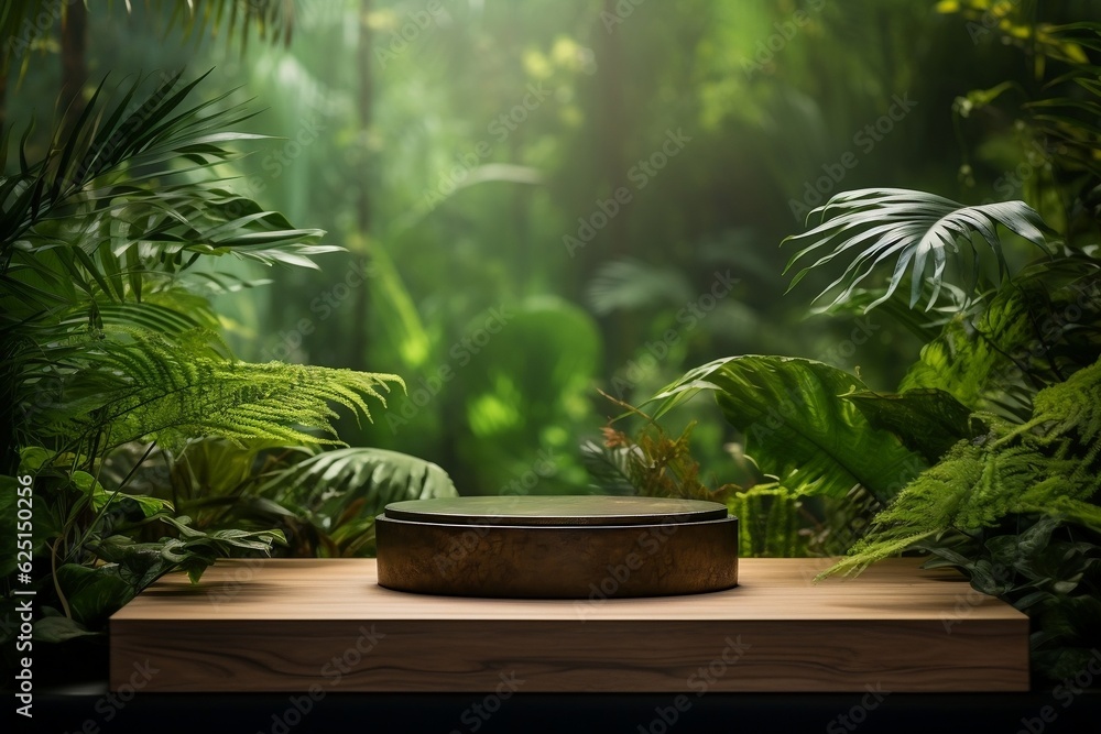 Serene Wooden Podium Amidst Tropical Forest. Generative AI