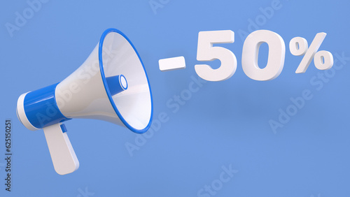50 percent discount. Discount creative composition with megaphone. 3d sale symbol. Sale banner and poster. 3d illustration.