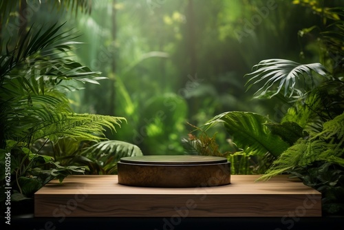 Serene Wooden Podium Amidst Tropical Forest. Generative AI