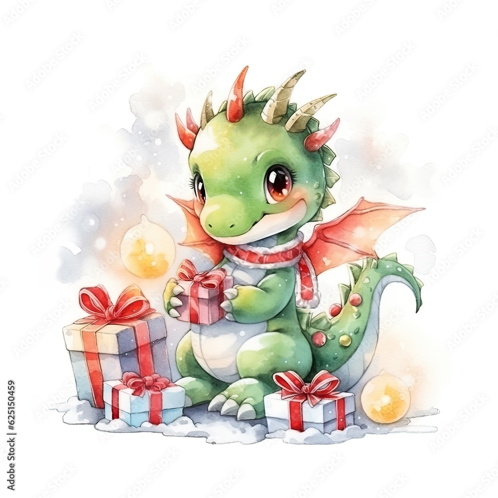 Fototapeta premium Fantasy cute green dragon with a gift isolated on white background. New Year 2024 watercolor cartoon illustration. Christmas concept