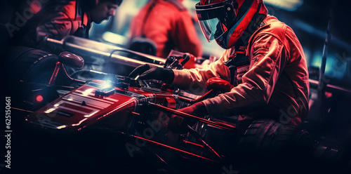 Professional pit crew ready for action as their team\'s race car arrives in the pit lane during a pitstop of a car race, concept of ultimate teamwork Technical, Digital Art AI