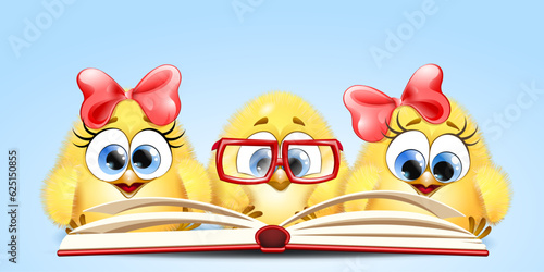 Cartoon funny little Chicks  reading big red book. Back to school concept
