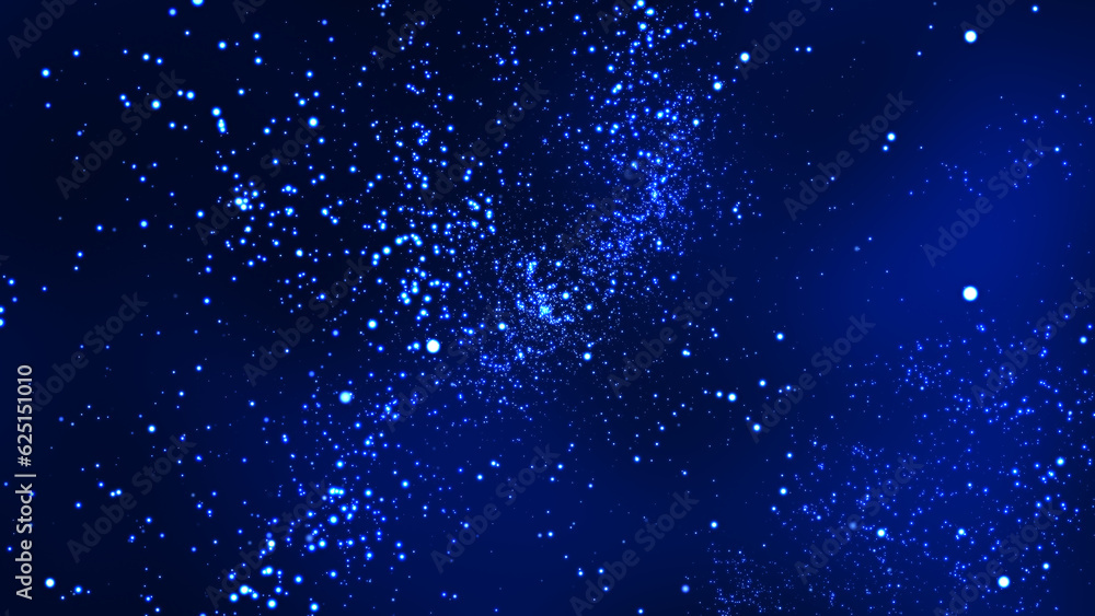 Blue bokeh particles glitter awards dust gradient abstract background. Futuristic glittering in space on blue background.