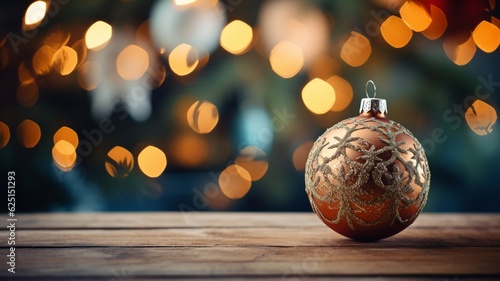 Christmas Golden Bauble on Wooden Table bokeh background