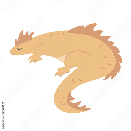 Cute fairy tale dragon sleeping, relaxing. Fairytale baby dinosaur lying, resting. Adorable child dino animal. Fantasy magic character. Childish flat vector illustration isolated on white background