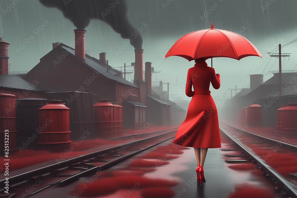 the back of a red high heeled woman with an umbrella on a rainy day perfect composition beautiful. Generative AI - obrazy, fototapety, plakaty 