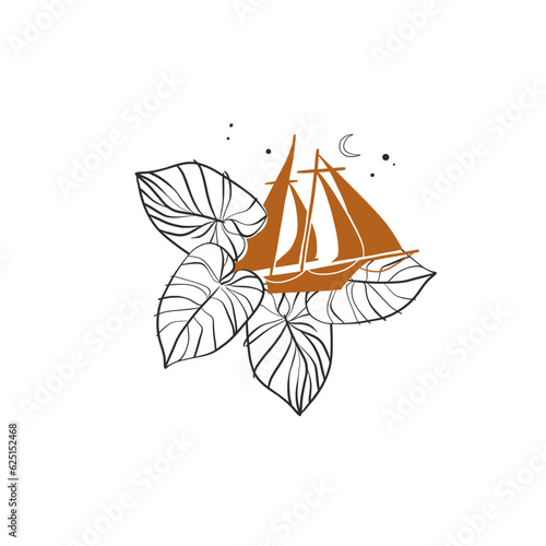 Hand drawn vector abstract simple minimalistic line art graphic drawing tropical travel yacht icon sign isolated.Summer yacht boat modern design concept.Summer exotic ship and leaves nature line logo.