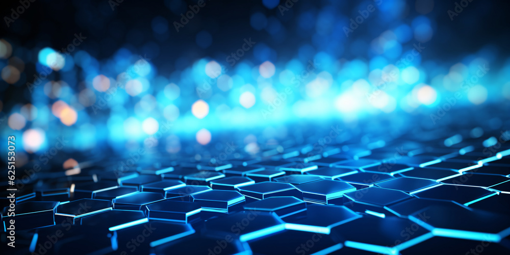 Abstract futuristic background blue hexagon bokeh lights. Data transfer concept 