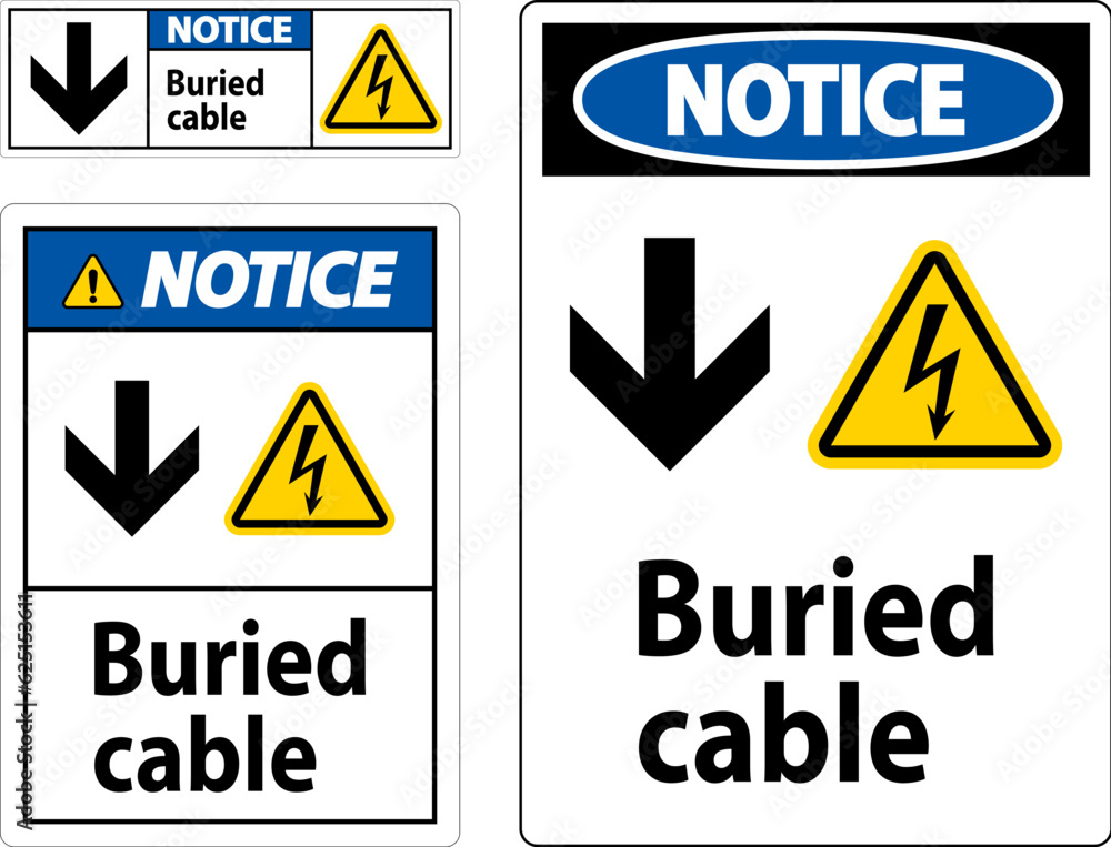 Notice Sign Buried Cable With Down Arrow and Electric Shock Symbol