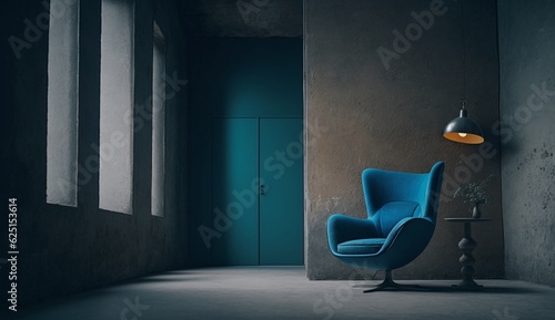Concrete Interior room with blue armchair on empty dark wall background. Generative AI.