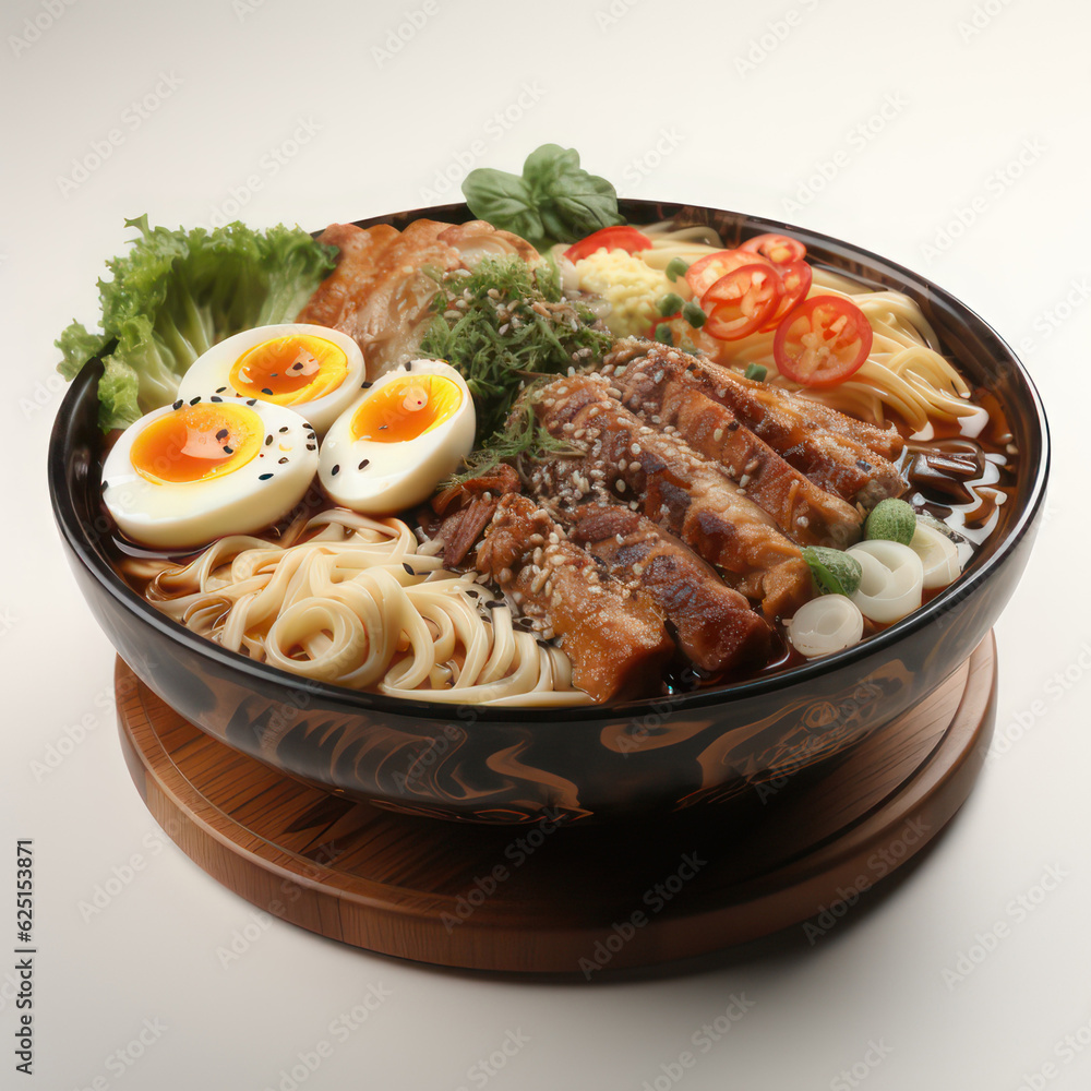 Ramen in bowl isolated on white background. AI generative. Ramen in bowl isolated on white background. AI generative.