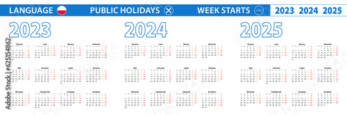 Simple calendar template in Polish for 2023, 2024, 2025 years. Week starts from Monday.