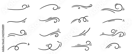 Doodle wind line sketch set. Hand drawn doodle wind motion, air blow, swirl elements. Sketch drawn air blow motion, smoke flow art, abstract line. Isolated vector illustration.