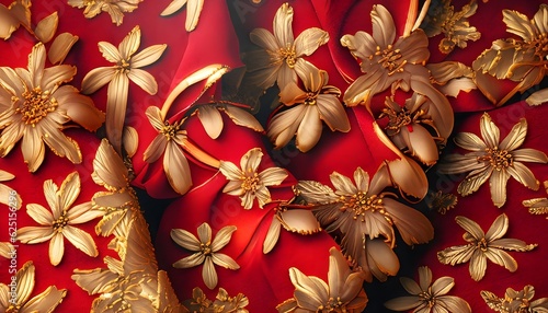 Red and golden flower fabric, flowers design ,AI generated