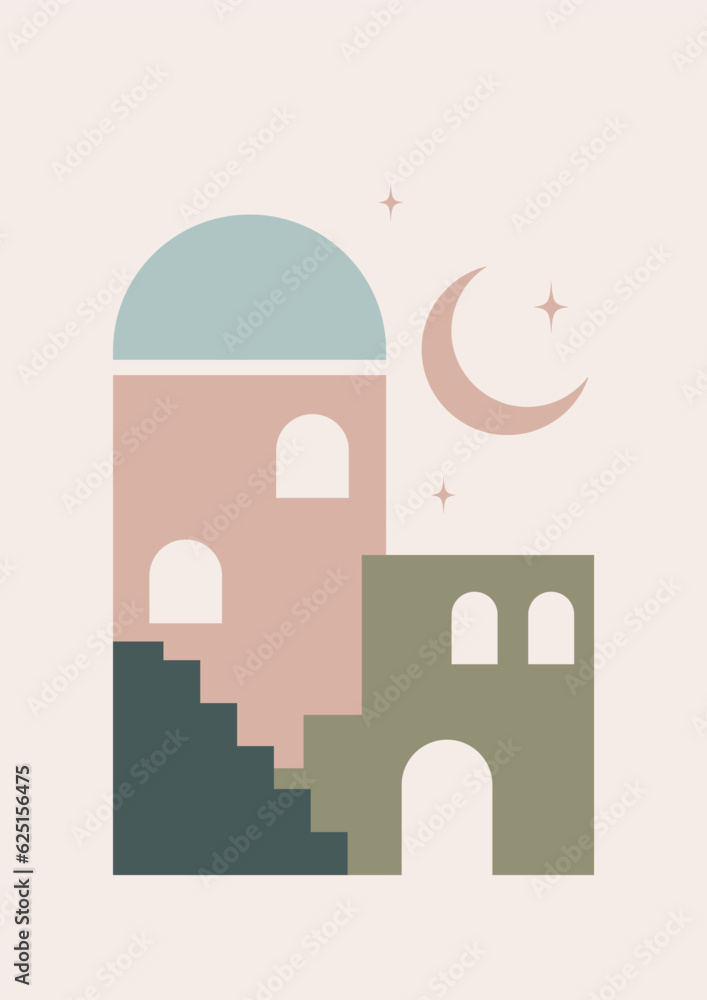 Naklejka premium Moroccan architecture elements and moon poster illustration