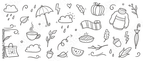 Autumn doodle vector set. Hand drawn doodle sketch style nature fall season, autumn icon background. Autumn falling leaves, wind season, umbrella sketch elements. Vector illustration.