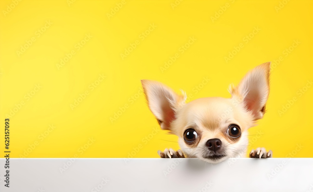 Creative animal concept, chihuahua dog peeking over pastel bright background. Generative AI.