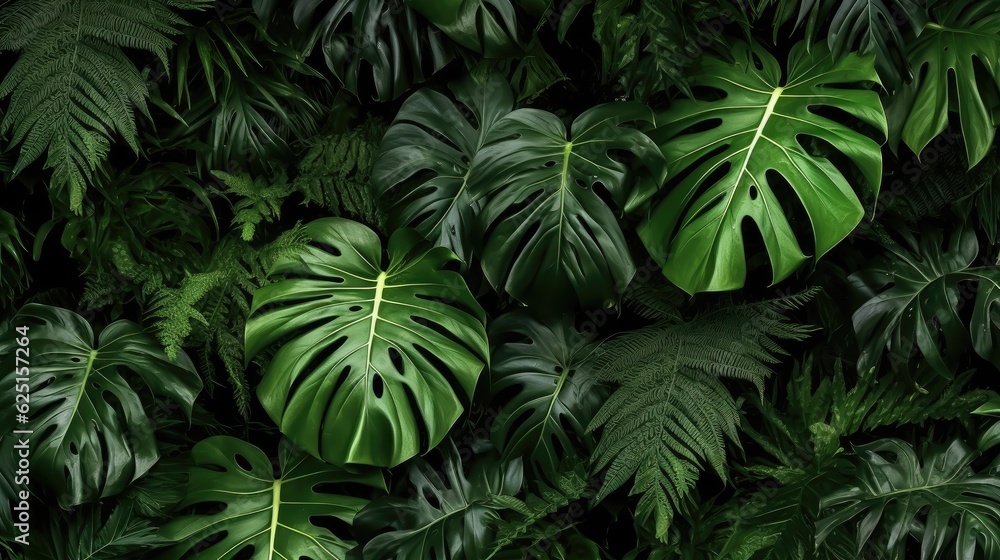 Green leaves, Group background of dark green tropical leaves ( monstera, palm, coconut leaf, fern, palm leaf,bananaleaf) Panorama background. concept of nature. Generative Ai.