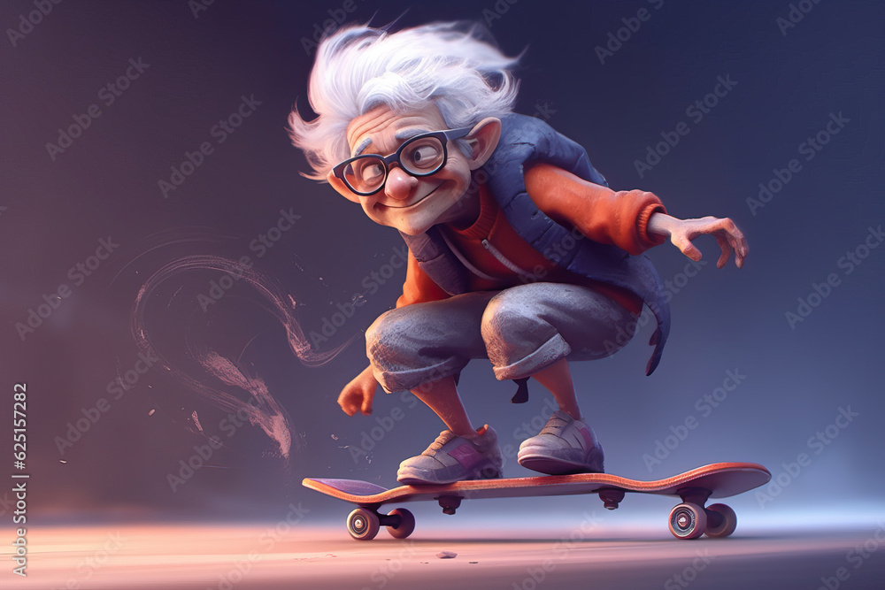 Skateboarding grandma - hipster cartoon character. Created using generative AI tools