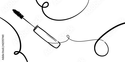Mascara cosmetics outline. Eyeliner makeup continuous one line drawing. Decorative eyebrow cosmetics on white background. Creative design make up templtate